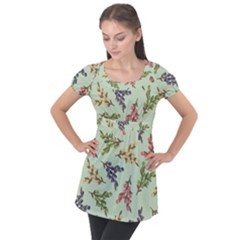 Berries Flowers Pattern Print Puff Sleeve Tunic Top