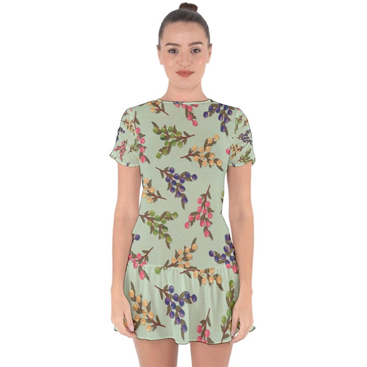 Berries Flowers Pattern Print Drop Hem Mini Chiffon Dress