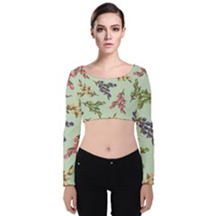 Berries Flowers Pattern Print Velvet Long Sleeve Crop Top by Maspions