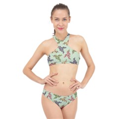 Berries Flowers Pattern Print High Neck Bikini Set