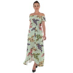 Berries Flowers Pattern Print Off Shoulder Open Front Chiffon Dress