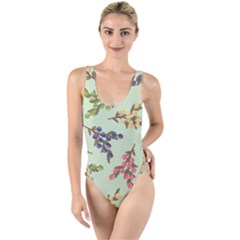 Berries Flowers Pattern Print High Leg Strappy Swimsuit