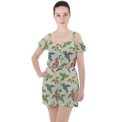 Berries Flowers Pattern Print Ruffle Cut Out Chiffon Playsuit by Maspions