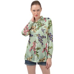 Berries Flowers Pattern Print Long Sleeve Satin Shirt