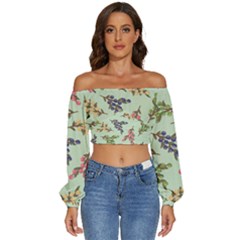 Berries Flowers Pattern Print Long Sleeve Crinkled Weave Crop Top