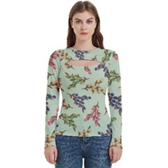 Berries Flowers Pattern Print Women s Cut Out Long Sleeve T-shirt by Maspions