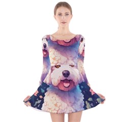 Cute Puppy With Flowers Long Sleeve Velvet Skater Dress