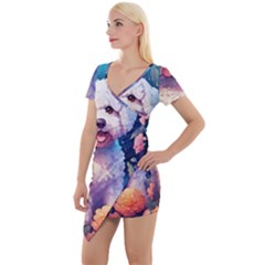 Cute Puppy With Flowers Short Sleeve Asymmetric Mini Dress by Sparkle