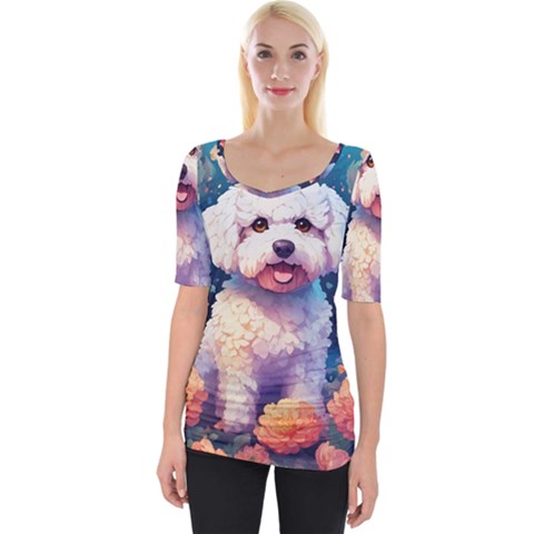 Cute Puppy With Flowers Wide Neckline T-shirt by Sparkle