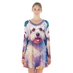 Cute Puppy With Flowers Long Sleeve Velvet V-neck Dress