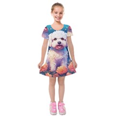 Cute Puppy With Flowers Kids  Short Sleeve Velvet Dress