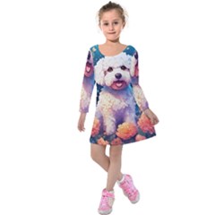 Cute Puppy With Flowers Kids  Long Sleeve Velvet Dress