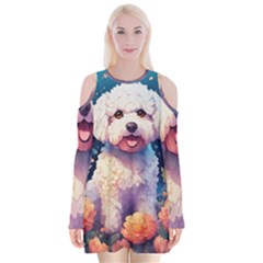 Cute Puppy With Flowers Velvet Long Sleeve Shoulder Cutout Dress