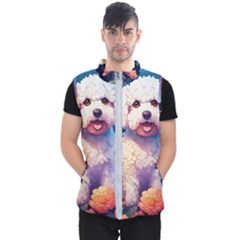 Cute Puppy With Flowers Men s Puffer Vest