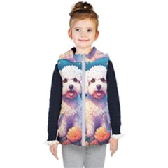 Cute Puppy With Flowers Kids  Hooded Puffer Vest