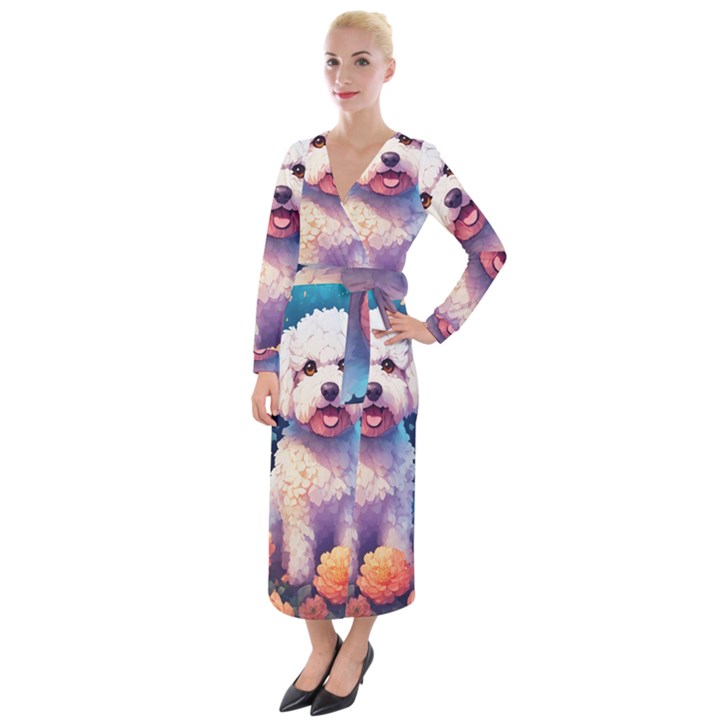 Cute Puppy With Flowers Velvet Maxi Wrap Dress