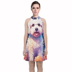 Cute Puppy With Flowers Velvet Halter Neckline Dress 