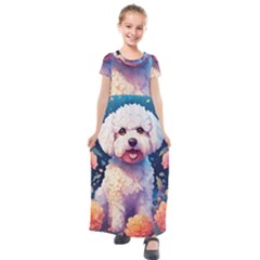 Cute Puppy With Flowers Kids  Short Sleeve Maxi Dress by Sparkle