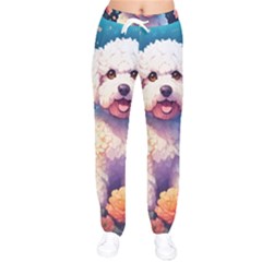 Cute Puppy With Flowers Women Velvet Drawstring Pants