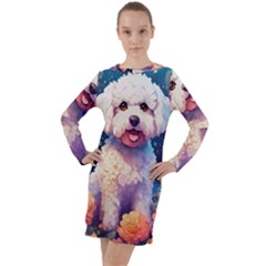 Cute Puppy With Flowers Long Sleeve Hoodie Dress