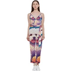 Cute Puppy With Flowers V-neck Camisole Jumpsuit by Sparkle