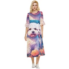 Cute Puppy With Flowers Double Cuff Midi Dress by Sparkle