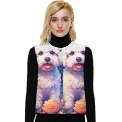 Cute Puppy With Flowers Women s Button Up Puffer Vest