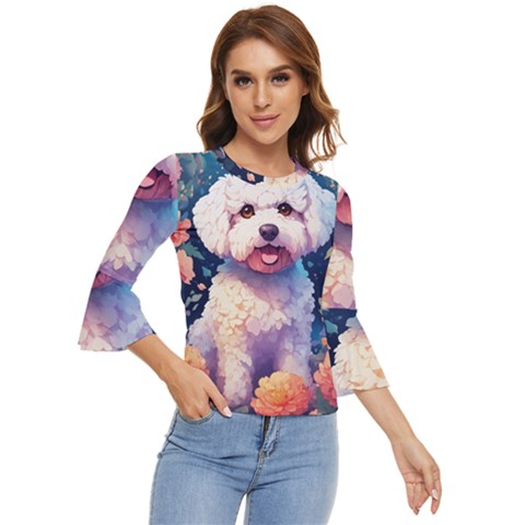 Cute Puppy With Flowers Bell Sleeve Top by Sparkle