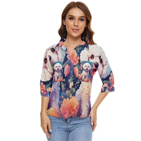 Cute Puppy With Flowers Women s Quarter Sleeve Pocket Shirt by Sparkle