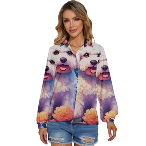 Cute Puppy With Flowers Women s Long Sleeve Button Up Shirt by Sparkle