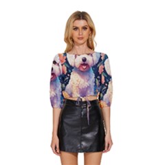 Cute Puppy With Flowers Mid Sleeve Drawstring Hem Top by Sparkle