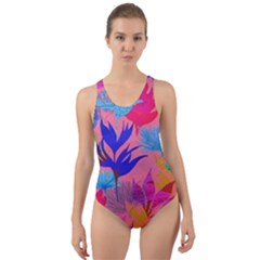 Pink And Blue Floral Cut-out Back One Piece Swimsuit by Sparkle