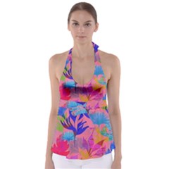 Pink And Blue Floral Tie Back Tankini Top by Sparkle