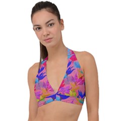 Pink And Blue Floral Halter Plunge Bikini Top by Sparkle