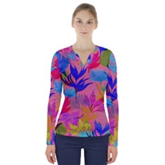 Pink And Blue Floral V-neck Long Sleeve Top by Sparkle