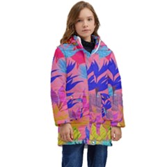 Pink And Blue Floral Kids  Hooded Longline Puffer Jacket by Sparkle