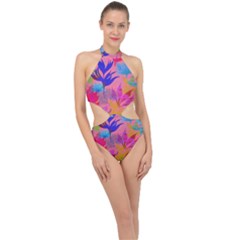 Pink And Blue Floral Halter Side Cut Swimsuit by Sparkle