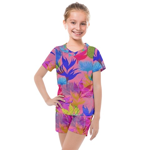 Pink And Blue Floral Kids  Mesh T-shirt And Shorts Set by Sparkle