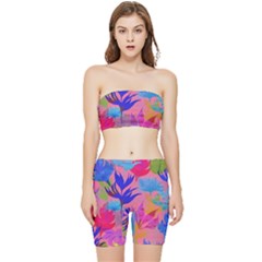 Pink And Blue Floral Stretch Shorts And Tube Top Set by Sparkle