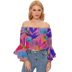 Pink And Blue Floral Off Shoulder Flutter Bell Sleeve Top