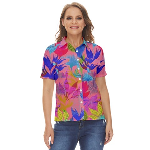 Pink And Blue Floral Women s Short Sleeve Double Pocket Shirt by Sparkle