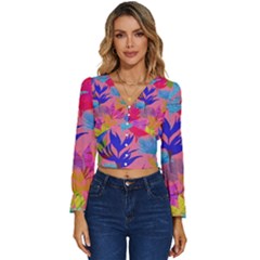 Pink And Blue Floral Long Sleeve V-neck Top by Sparkle