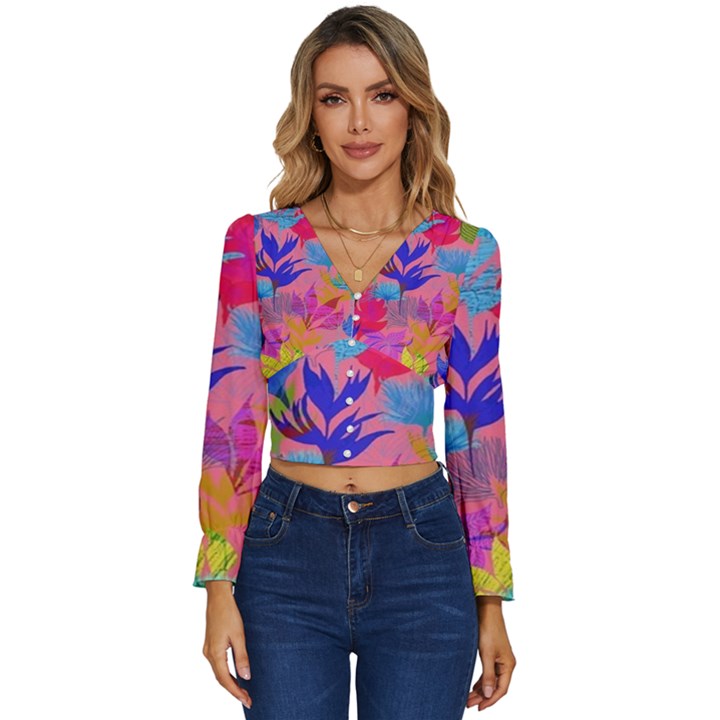 Pink And Blue Floral Long Sleeve V-Neck Top