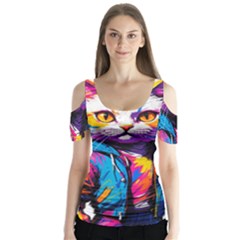 Wild cat Butterfly Sleeve Cutout T-Shirt 