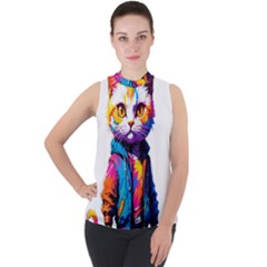 Wild cat Mock Neck Chiffon Sleeveless Top