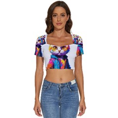 Wild cat Short Sleeve Square Neckline Crop Top 