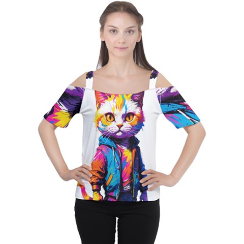 Wild Cat Cutout Shoulder T-shirt by Sosodesigns19