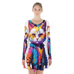 Wild Cat Long Sleeve Velvet V-neck Dress