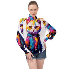 Wild Cat High Neck Long Sleeve Chiffon Top by Sosodesigns19