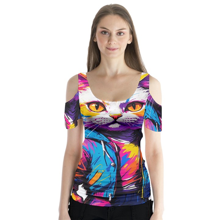 Wild cat Butterfly Sleeve Cutout T-Shirt 